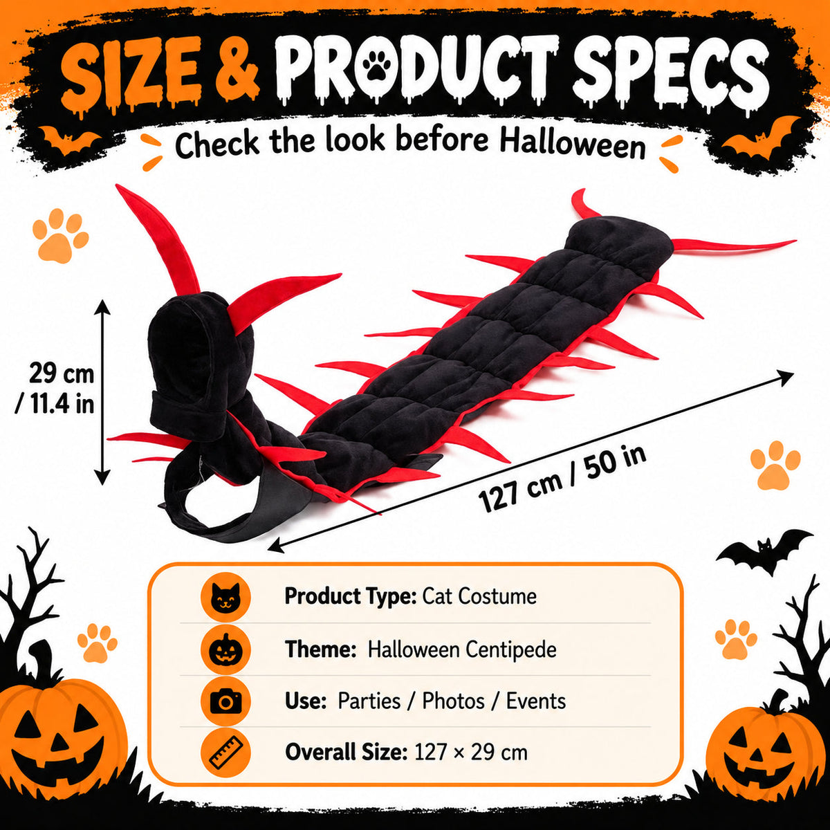 😺Halloween Cat Centipede Costume – Funny 3D Padded Creepy Crawler Outfit for Cats