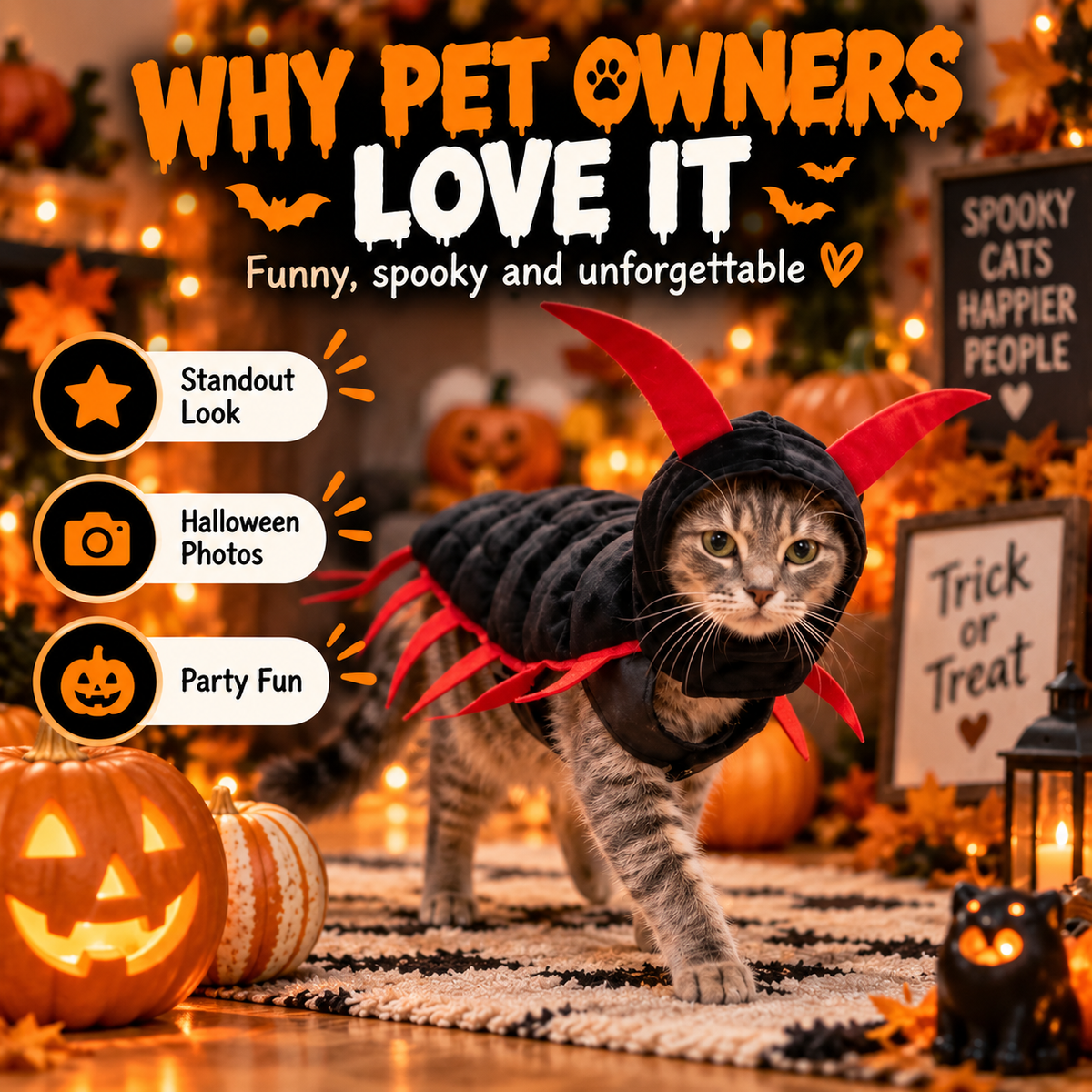 😺Halloween Cat Centipede Costume – Funny 3D Padded Creepy Crawler Outfit for Cats