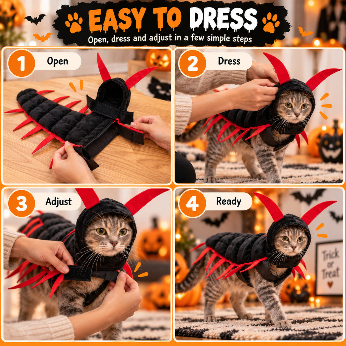 😺Halloween Cat Centipede Costume – Funny 3D Padded Creepy Crawler Outfit for Cats