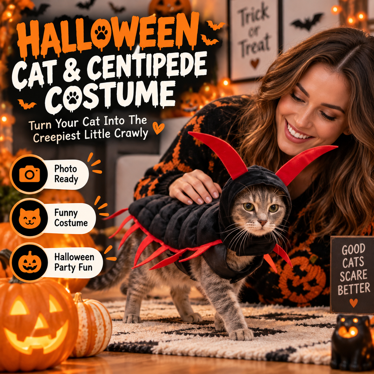 😺Halloween Cat Centipede Costume – Funny 3D Padded Creepy Crawler Outfit for Cats