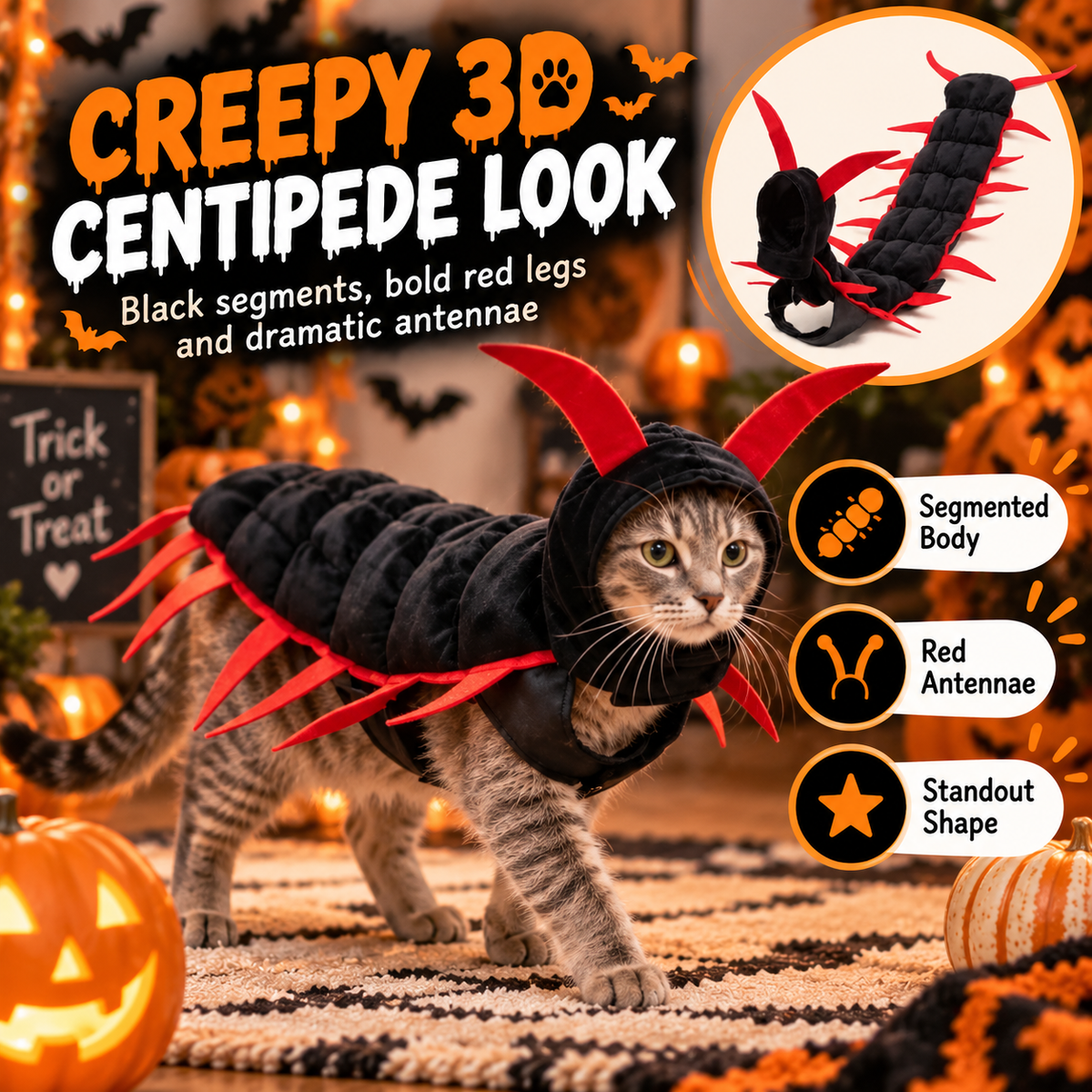 😺Halloween Cat Centipede Costume – Funny 3D Padded Creepy Crawler Outfit for Cats