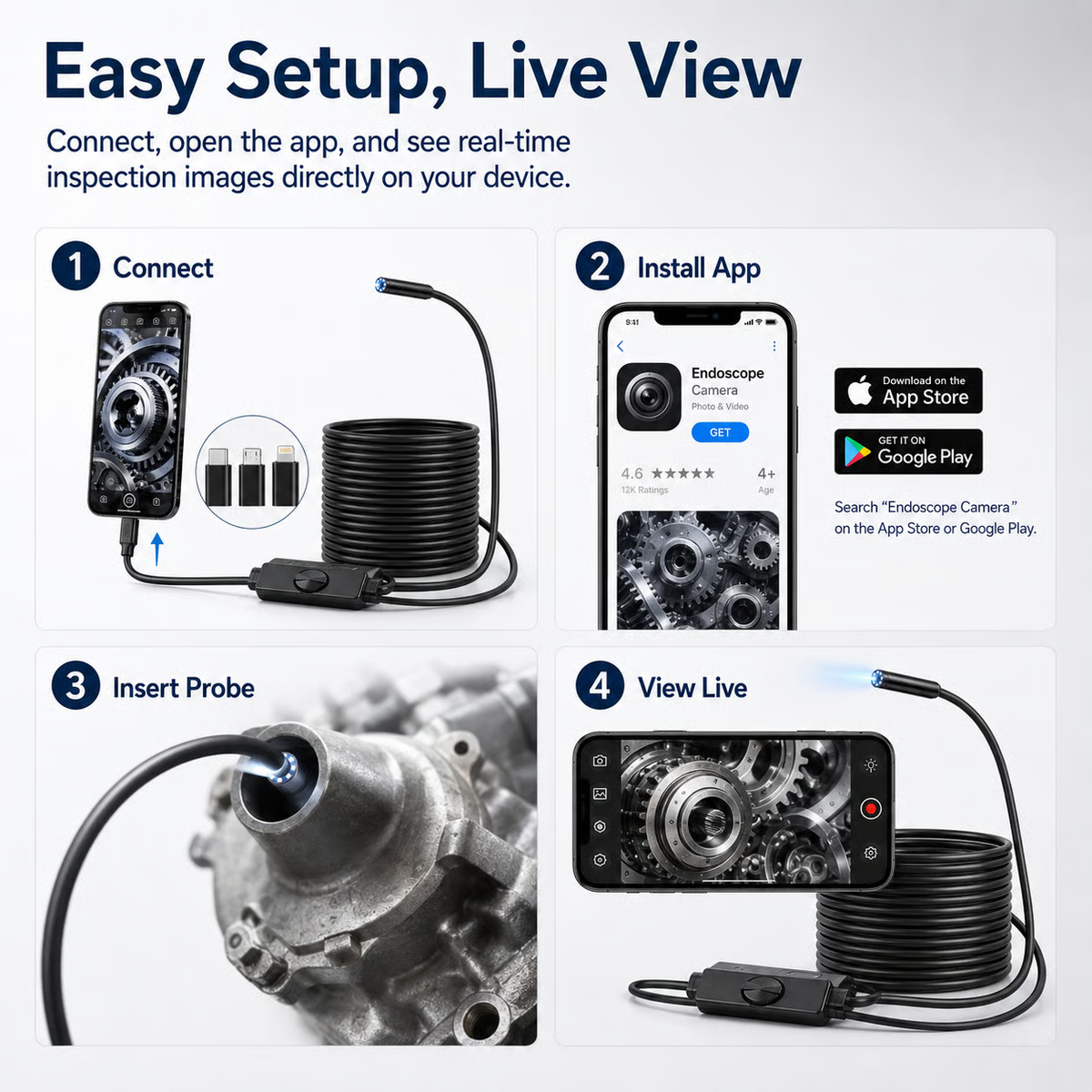 Endoscope Camera with Light, 1920P HD Borescope Tools