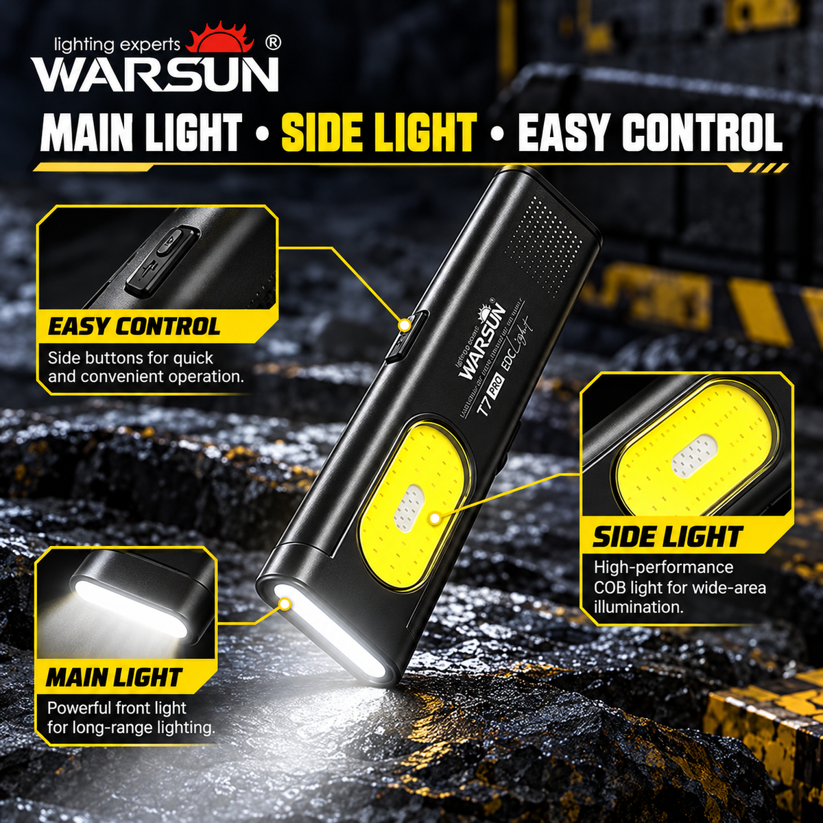 WARSUN T7 EDC Flashlight, Pocket LED Work Light with Magnetic Base & Clip, USB-C Rechargeable, Compact Everyday Carry Tool for Camping, Car Repair and Outdoor Use