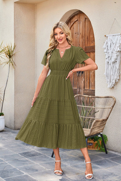 🍂 Women’s Fall Casual Midi Maxi Dress – Lightweight V-Neck Short Sleeve Dress with Elastic Waist & Pockets
