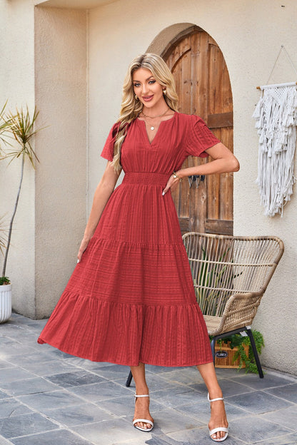 🍂 Women’s Fall Casual Midi Maxi Dress – Lightweight V-Neck Short Sleeve Dress with Elastic Waist & Pockets