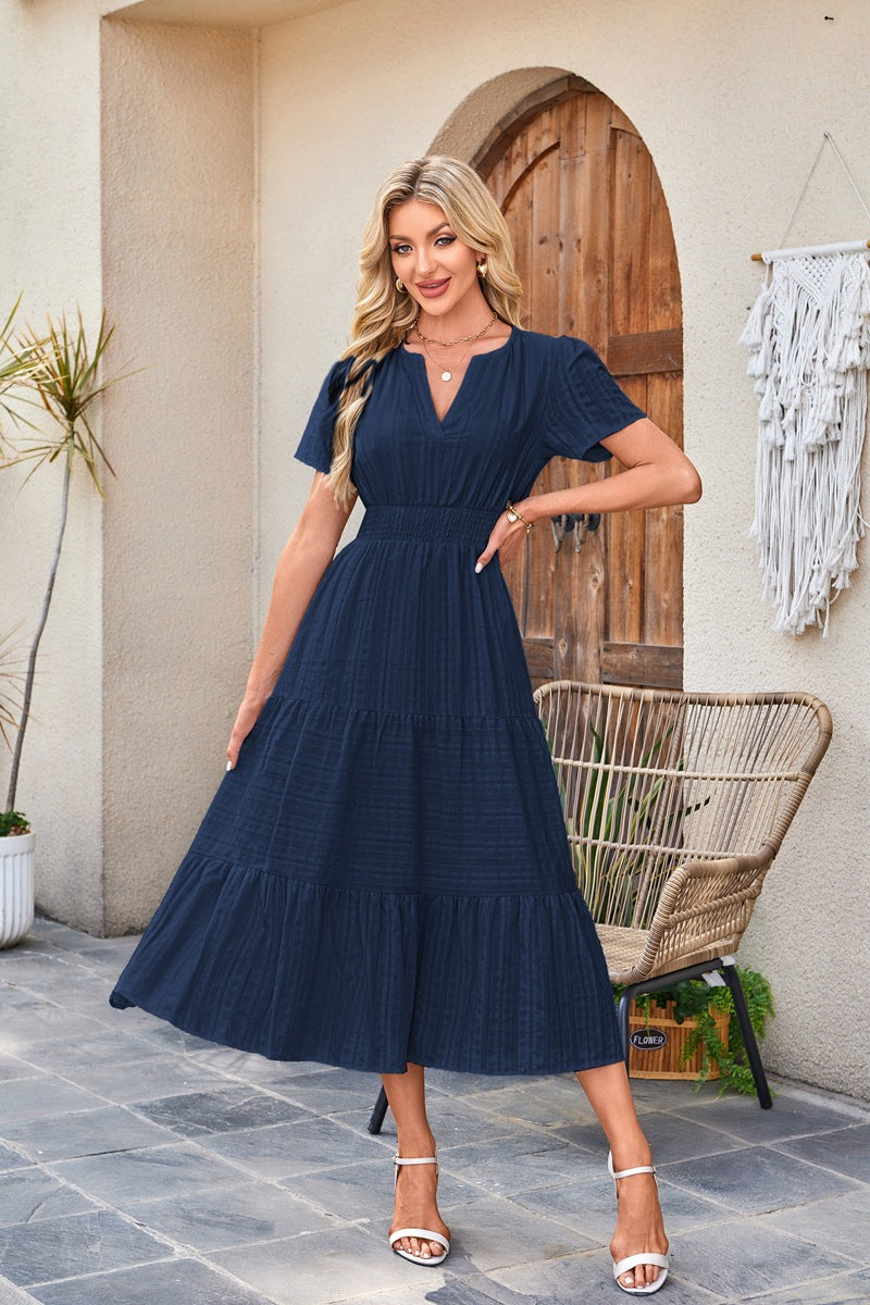 🍂 Women’s Fall Casual Midi Maxi Dress – Lightweight V-Neck Short Sleeve Dress with Elastic Waist & Pockets