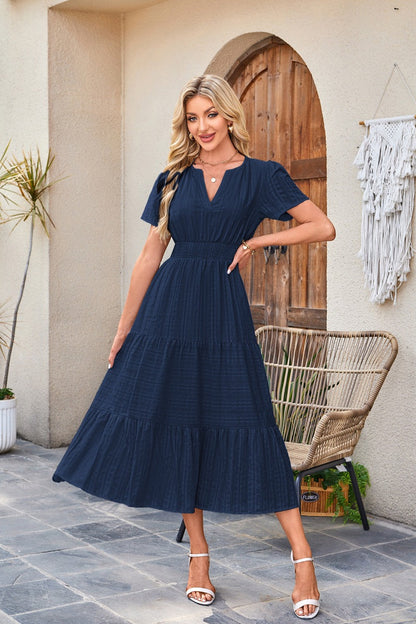🍂 Women’s Fall Casual Midi Maxi Dress – Lightweight V-Neck Short Sleeve Dress with Elastic Waist & Pockets