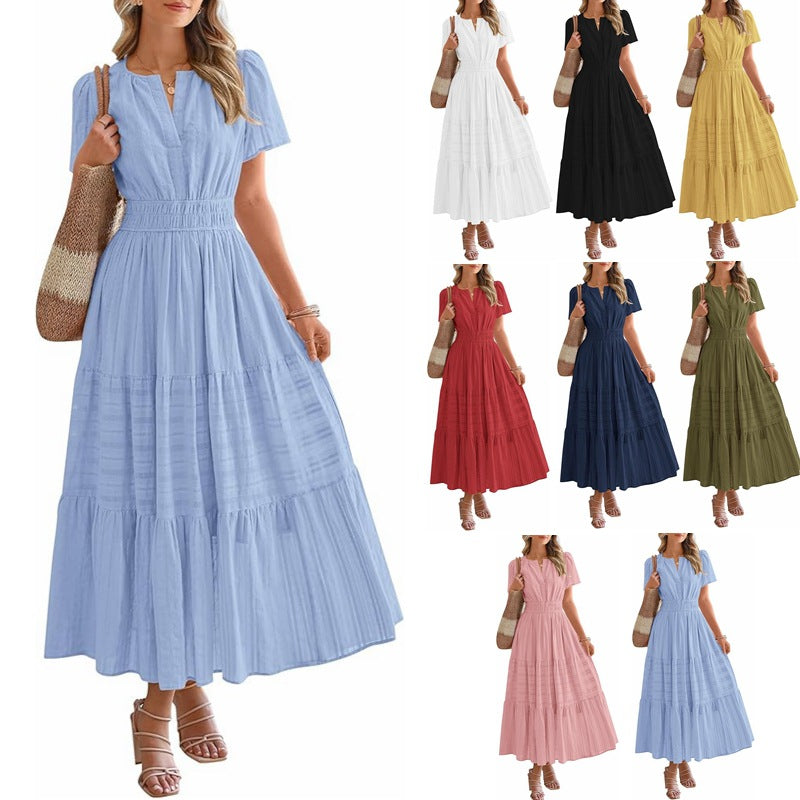 🍂 Women’s Fall Casual Midi Maxi Dress – Lightweight V-Neck Short Sleeve Dress with Elastic Waist & Pockets