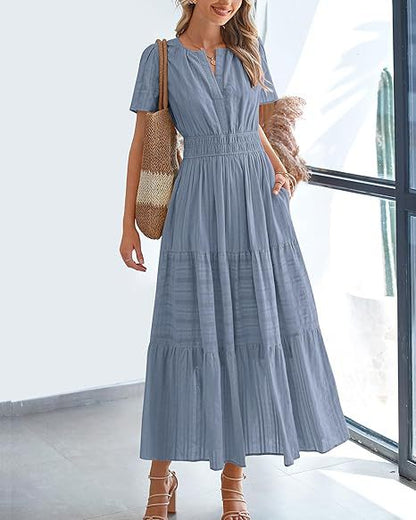 🍂 Women’s Fall Casual Midi Maxi Dress – Lightweight V-Neck Short Sleeve Dress with Elastic Waist & Pockets