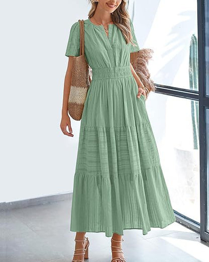 🍂 Women’s Fall Casual Midi Maxi Dress – Lightweight V-Neck Short Sleeve Dress with Elastic Waist & Pockets