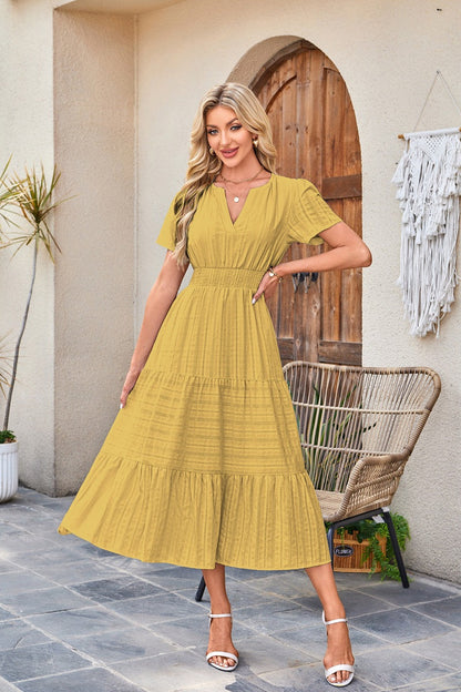 🍂 Women’s Fall Casual Midi Maxi Dress – Lightweight V-Neck Short Sleeve Dress with Elastic Waist & Pockets