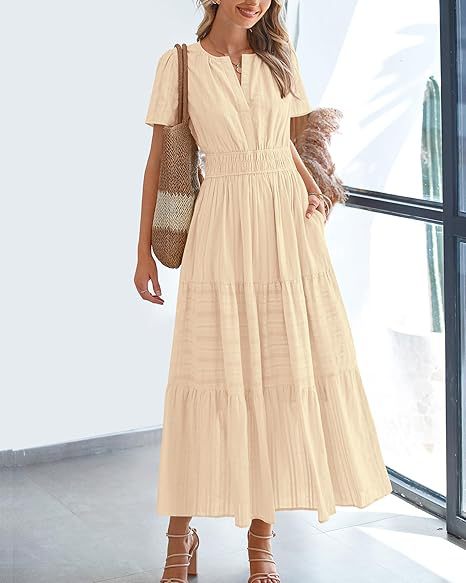 🍂 Women’s Fall Casual Midi Maxi Dress – Lightweight V-Neck Short Sleeve Dress with Elastic Waist & Pockets
