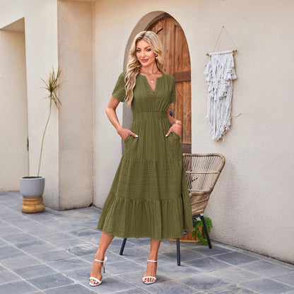 🍂 Women’s Fall Casual Midi Maxi Dress – Lightweight V-Neck Short Sleeve Dress with Elastic Waist & Pockets