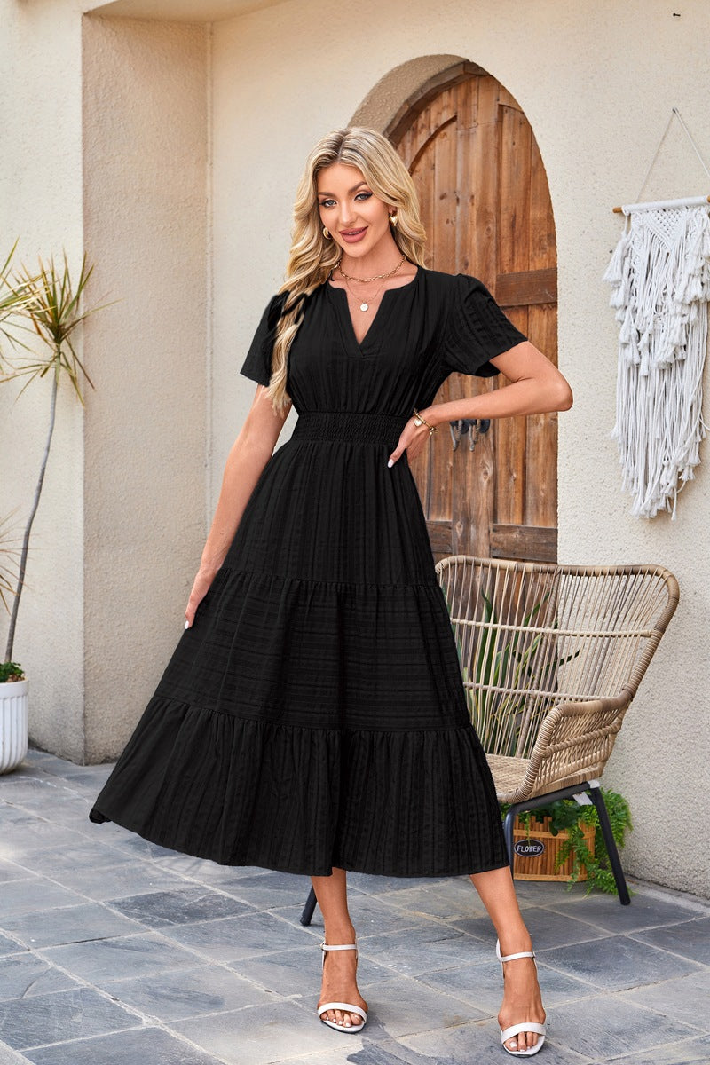 🍂 Women’s Fall Casual Midi Maxi Dress – Lightweight V-Neck Short Sleeve Dress with Elastic Waist & Pockets