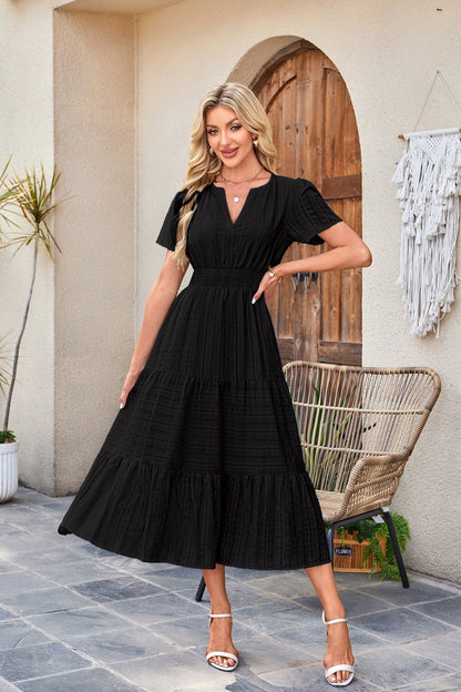 🍂 Women’s Fall Casual Midi Maxi Dress – Lightweight V-Neck Short Sleeve Dress with Elastic Waist & Pockets