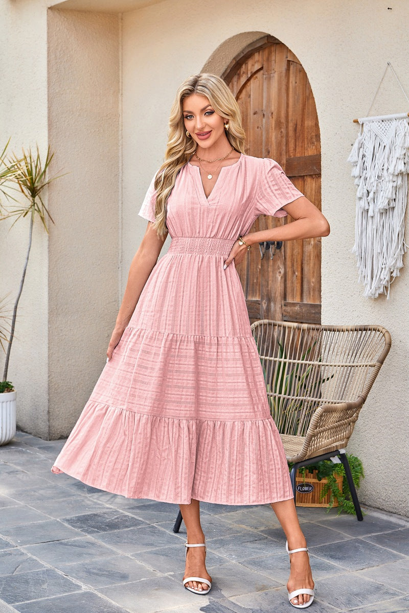 🍂 Women’s Fall Casual Midi Maxi Dress – Lightweight V-Neck Short Sleeve Dress with Elastic Waist & Pockets