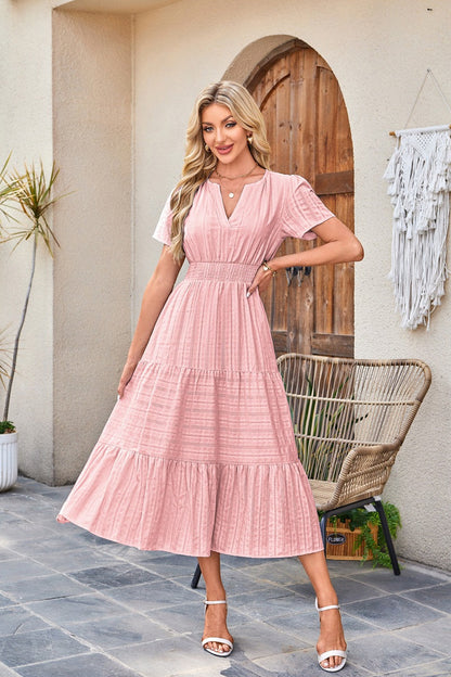 🍂 Women’s Fall Casual Midi Maxi Dress – Lightweight V-Neck Short Sleeve Dress with Elastic Waist & Pockets
