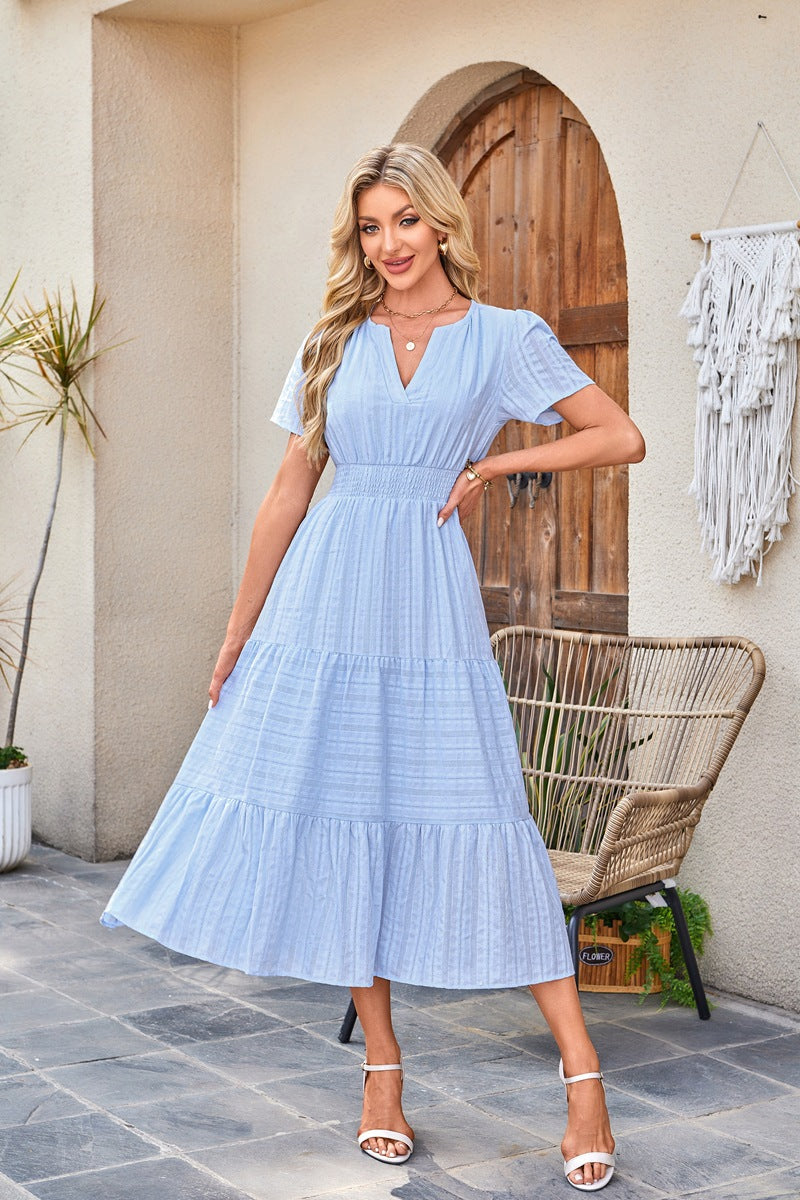 🍂 Women’s Fall Casual Midi Maxi Dress – Lightweight V-Neck Short Sleeve Dress with Elastic Waist & Pockets