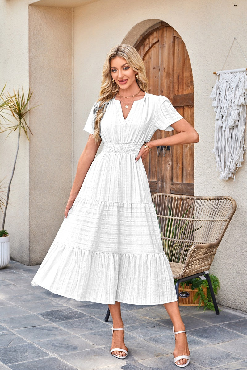 🍂 Women’s Fall Casual Midi Maxi Dress – Lightweight V-Neck Short Sleeve Dress with Elastic Waist & Pockets