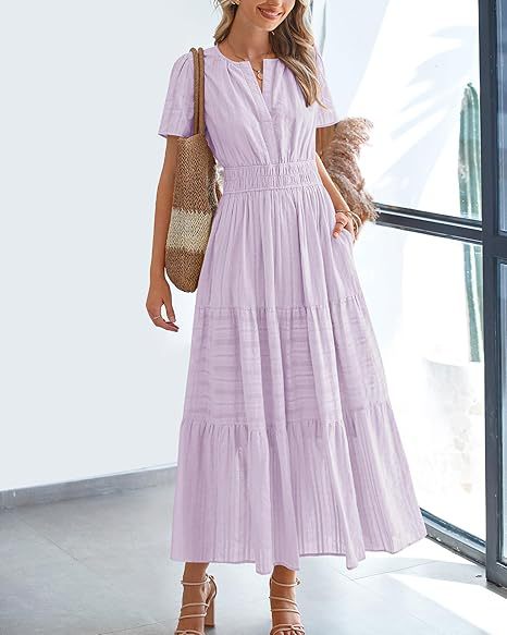 🍂 Women’s Fall Casual Midi Maxi Dress – Lightweight V-Neck Short Sleeve Dress with Elastic Waist & Pockets
