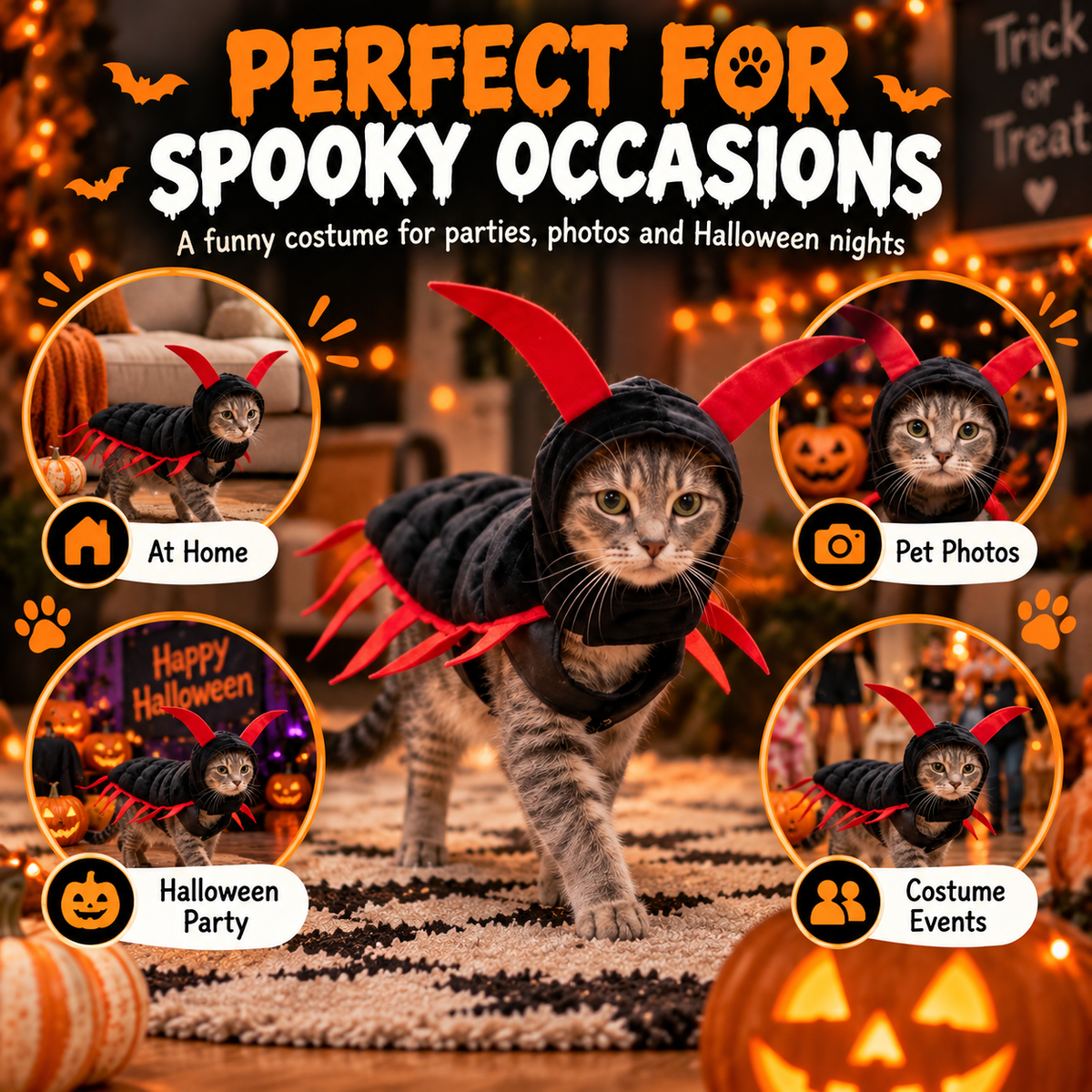 😺Halloween Cat Centipede Costume – Funny 3D Padded Creepy Crawler Outfit for Cats